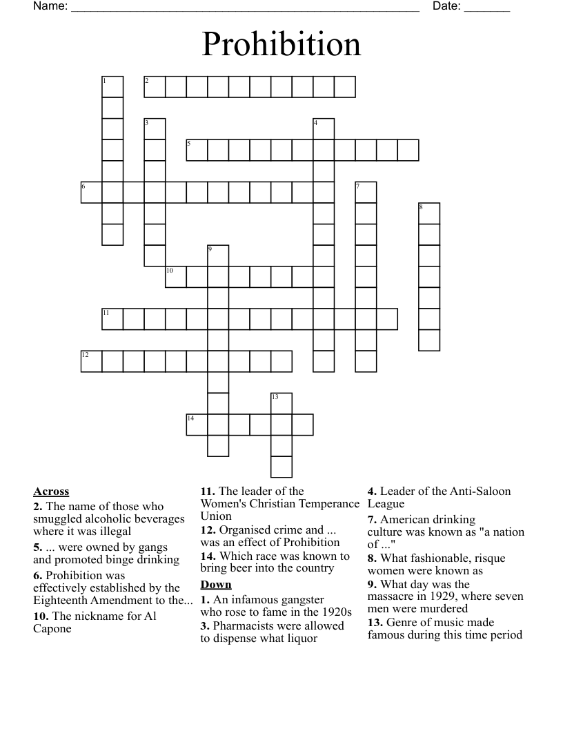 Prohibition Crossword