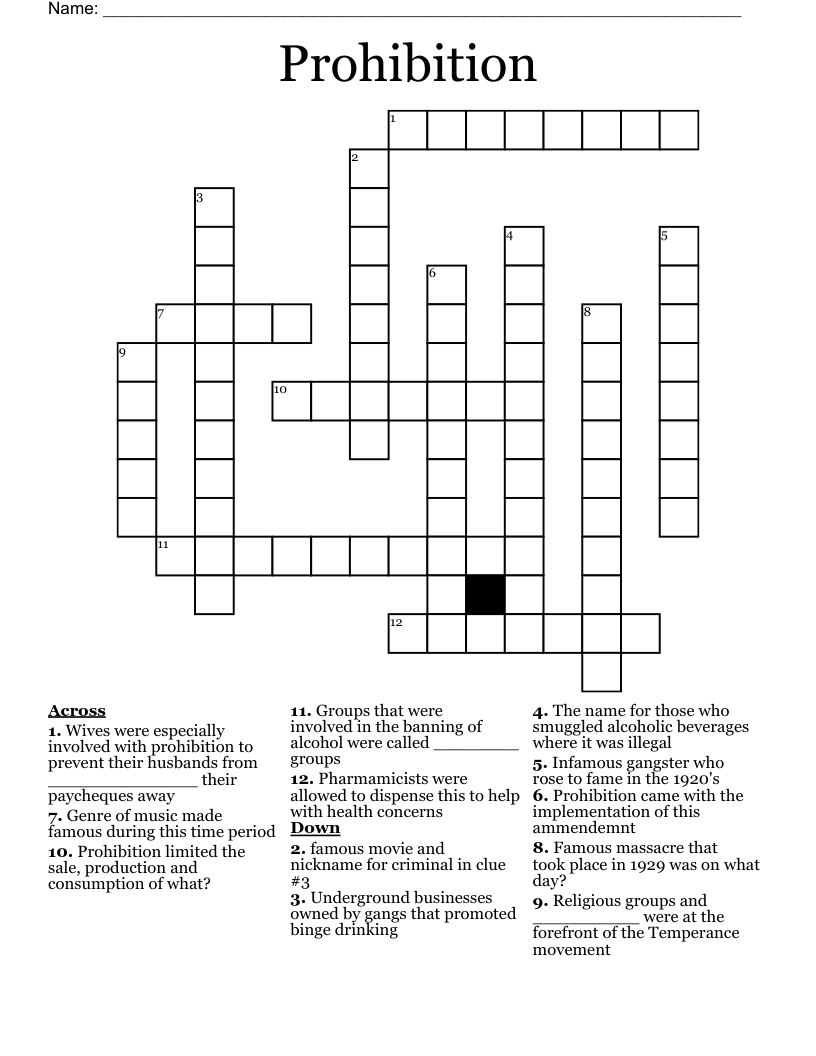 Prohibition Crossword