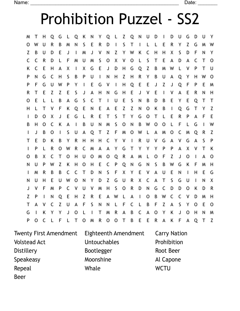 Prohibition Puzzel - SS2 Word Search