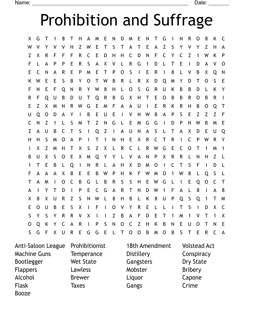 Prohibition and Suffrage Word Search