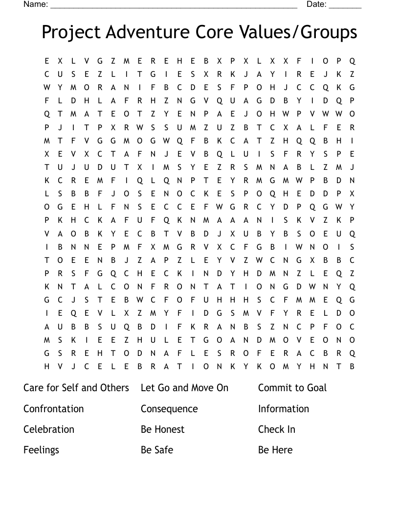 Project Adventure Core Values/Groups Word Search