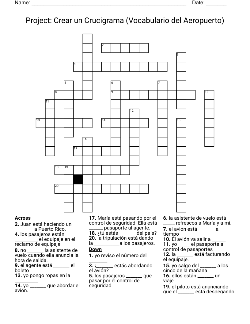 Project: Crear un Crucigrama (Vocabulario del Aeropuerto) Crossword