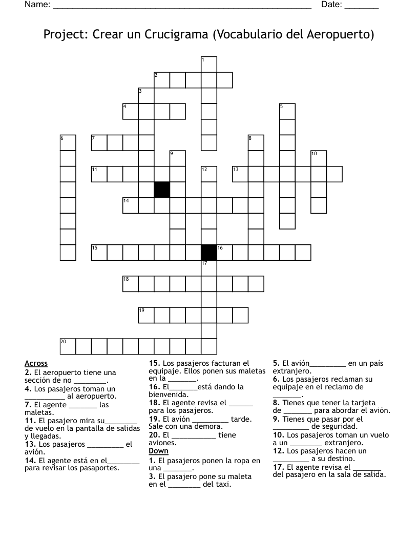Project: Crear un Crucigrama (Vocabulario del Aeropuerto) Crossword