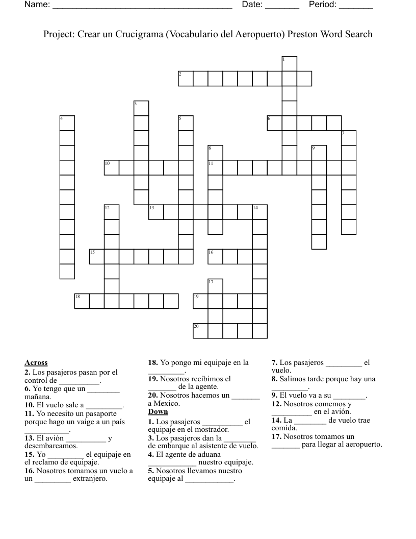 Project: Crear un Crucigrama (Vocabulario del Aeropuerto) Preston Word Search Crossword