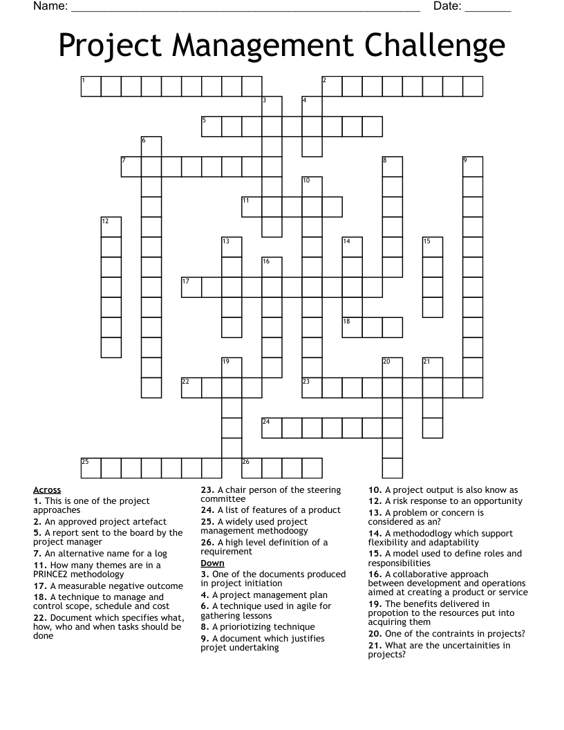 Project Management Challenge Crossword