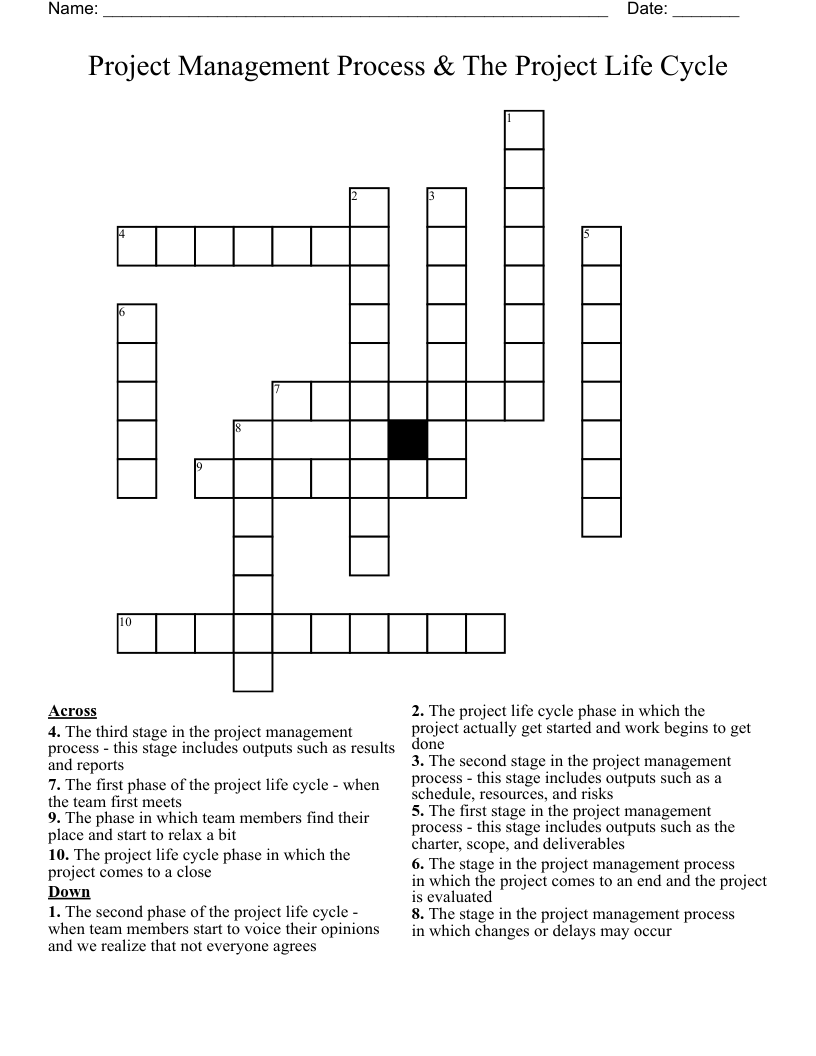 Project Management Process & The Project Life Cycle  Crossword