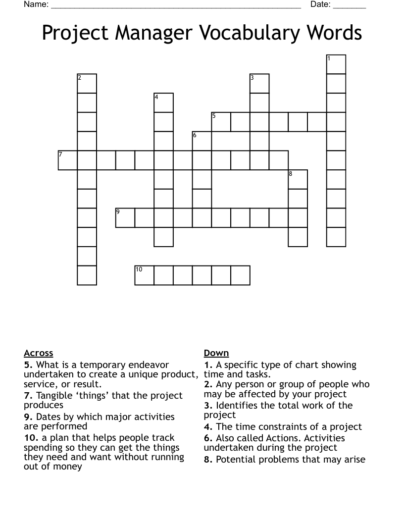 Project Manager Vocabulary Words Crossword