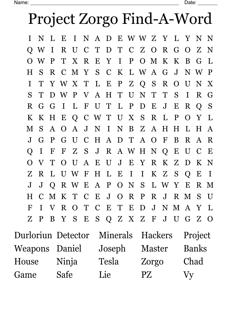Project Zorgo Find-A-Word Word Search
