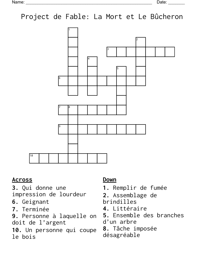 Project de Fable: La Mort et Le Bûcheron Crossword