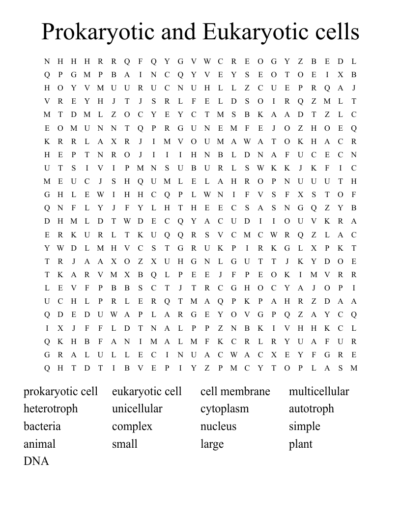 Prokaryotic and Eukaryotic cells Word Search