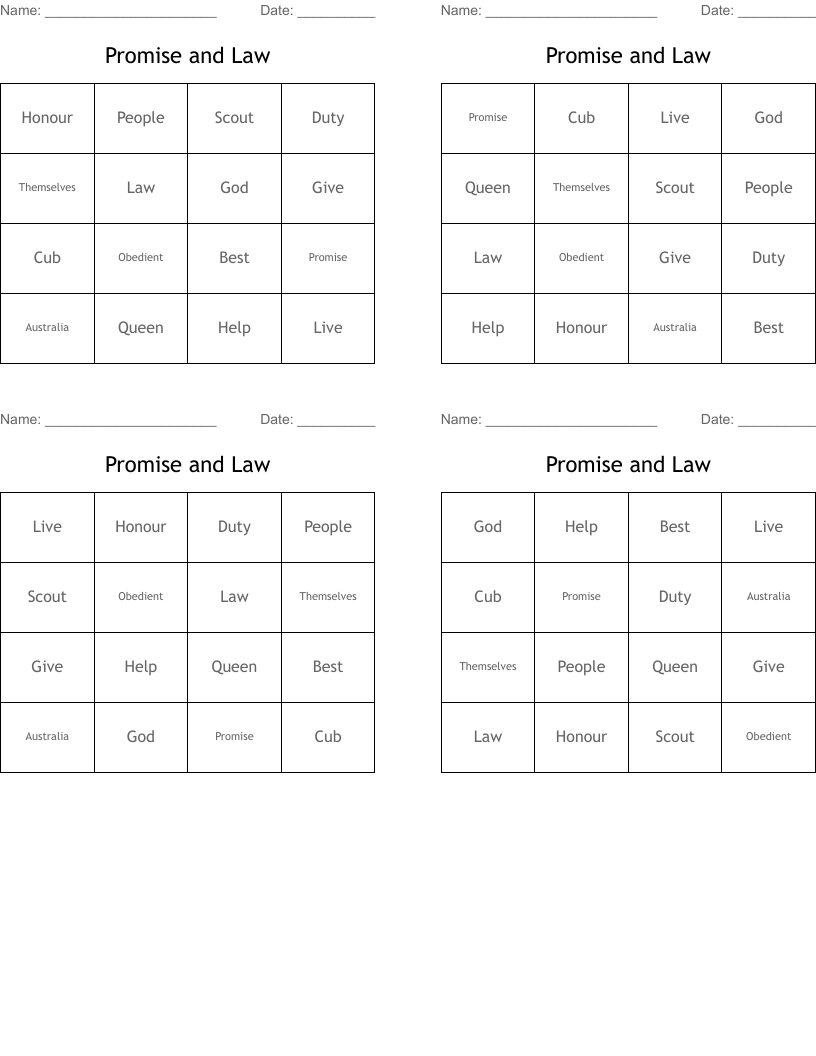 Promise and Law Bingo Cards