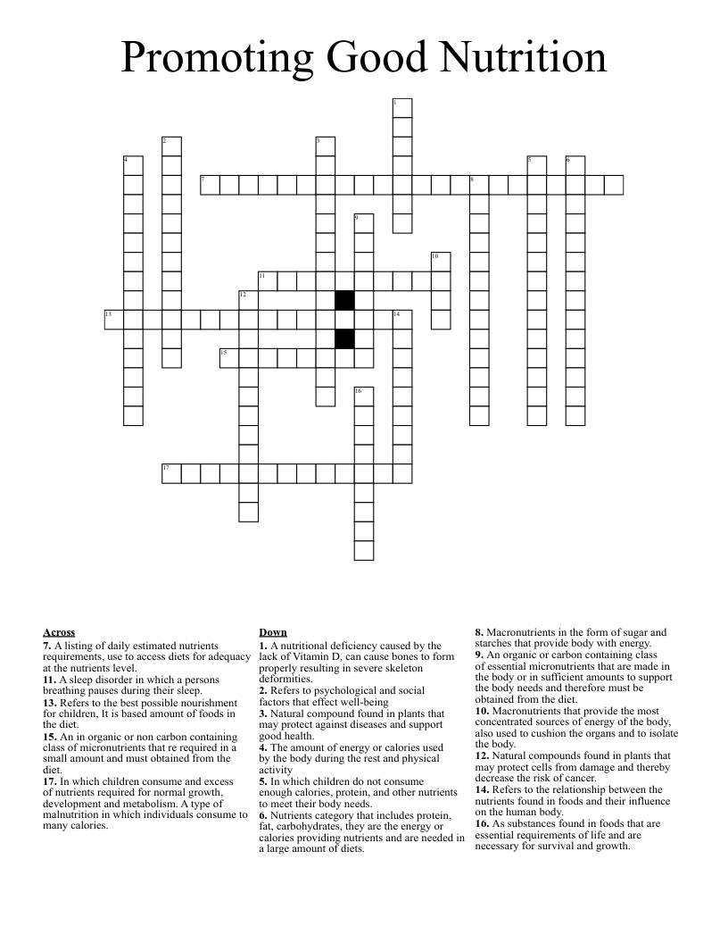 Promoting Good Nutrition Crossword