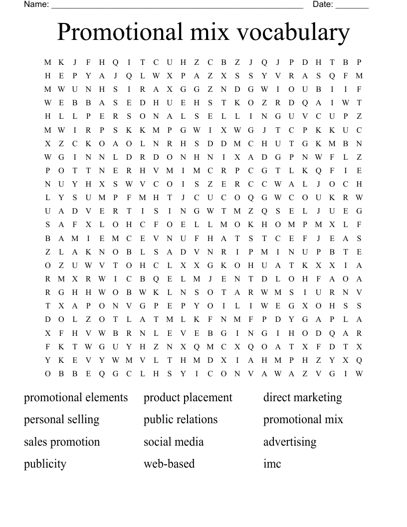 Promotional mix vocabulary  Word Search