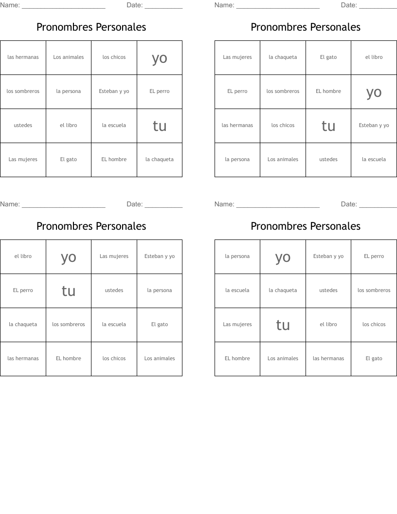 Pronombres Personales  Bingo Cards
