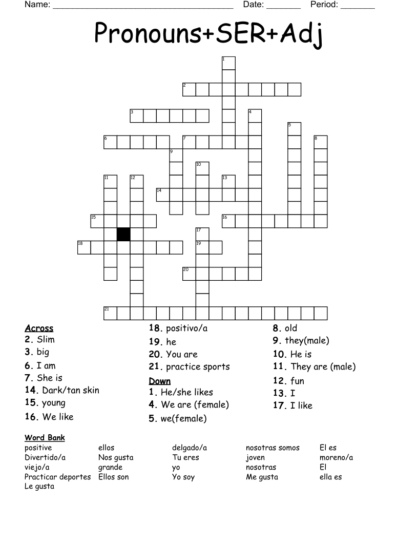 Pronouns+SER+Adj Crossword