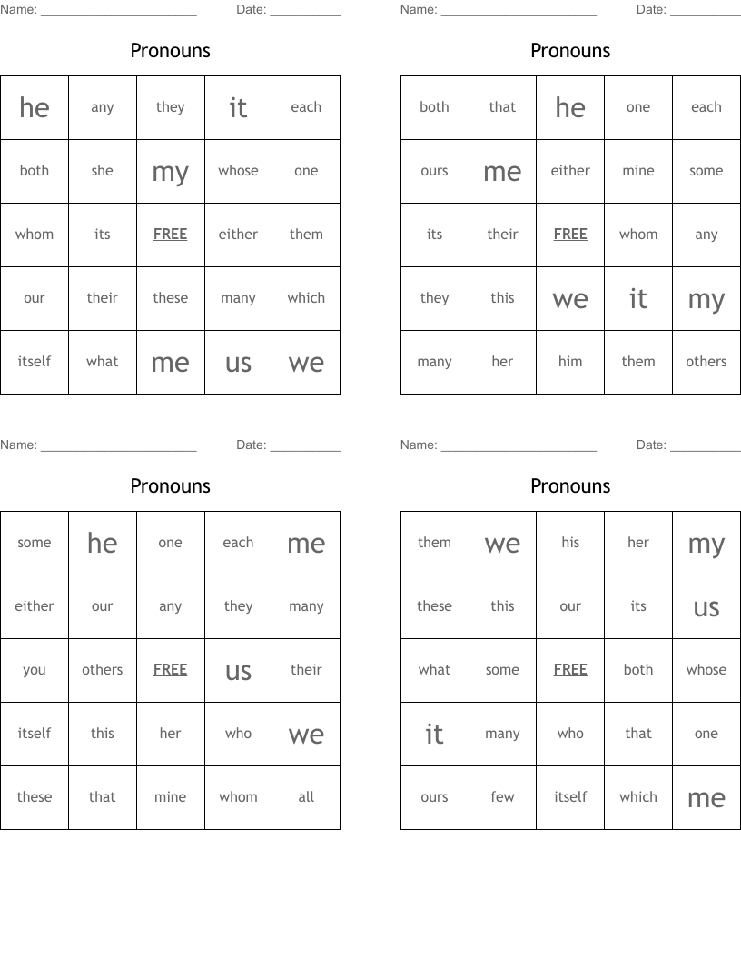 Pronouns Bingo Cards