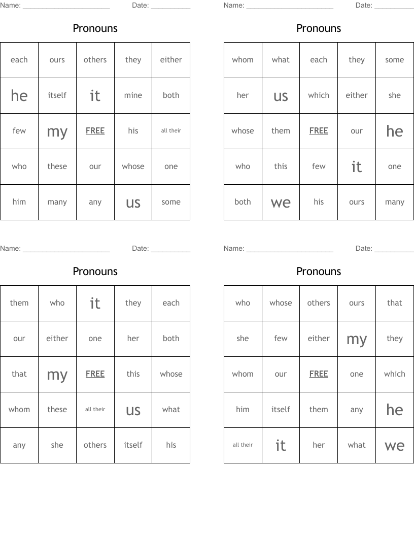 Pronouns Bingo Cards