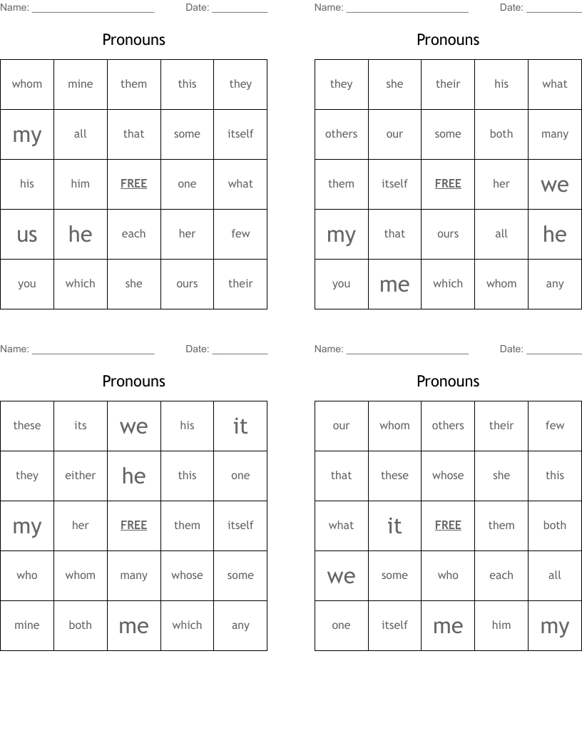 Pronouns Bingo Cards