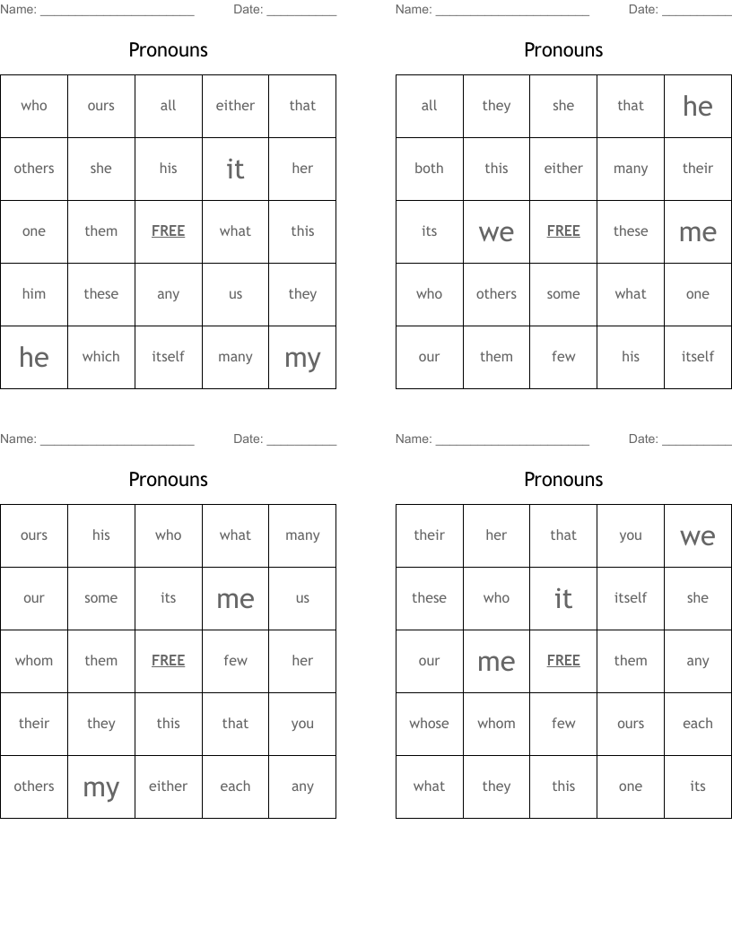 Pronouns Bingo Cards