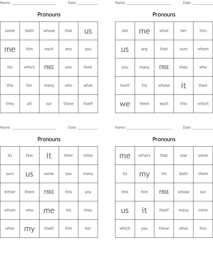 Pronouns Bingo Cards