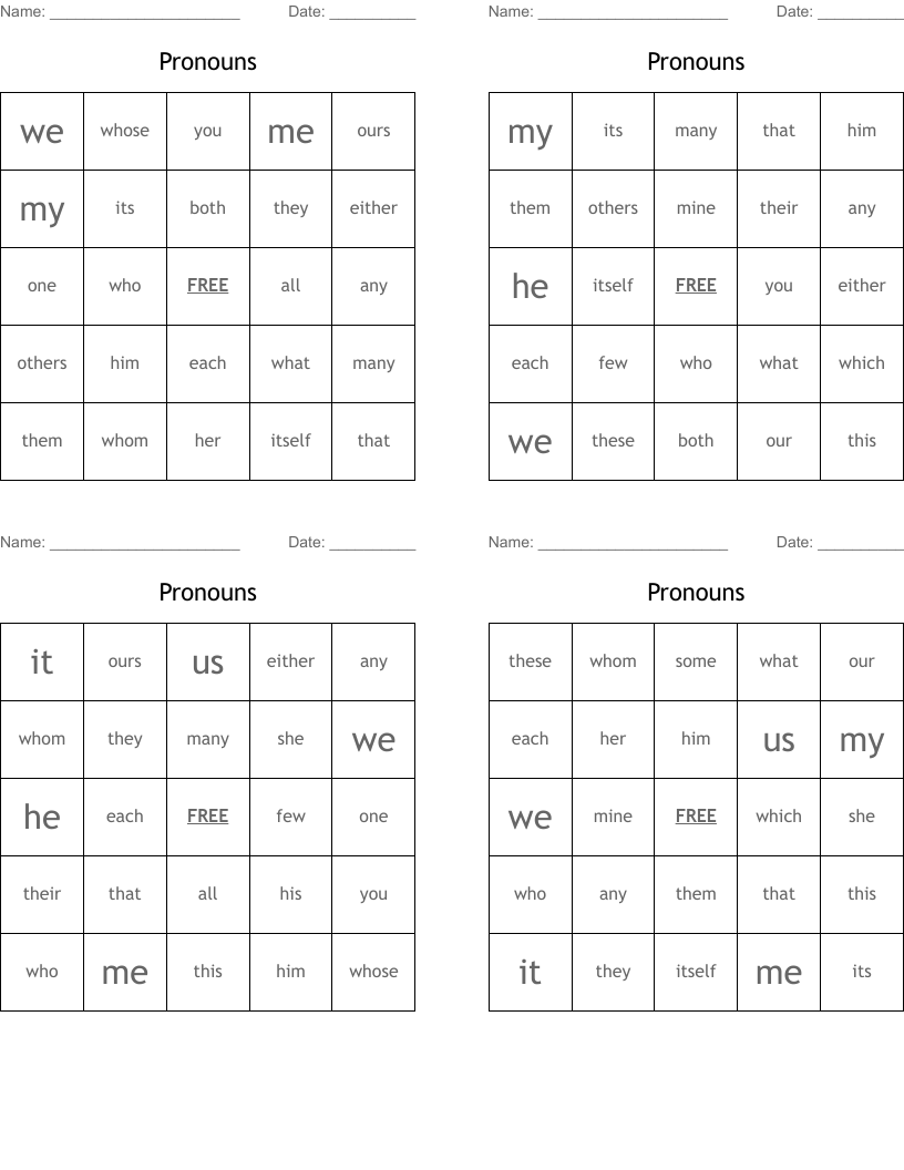 Pronouns Bingo Cards