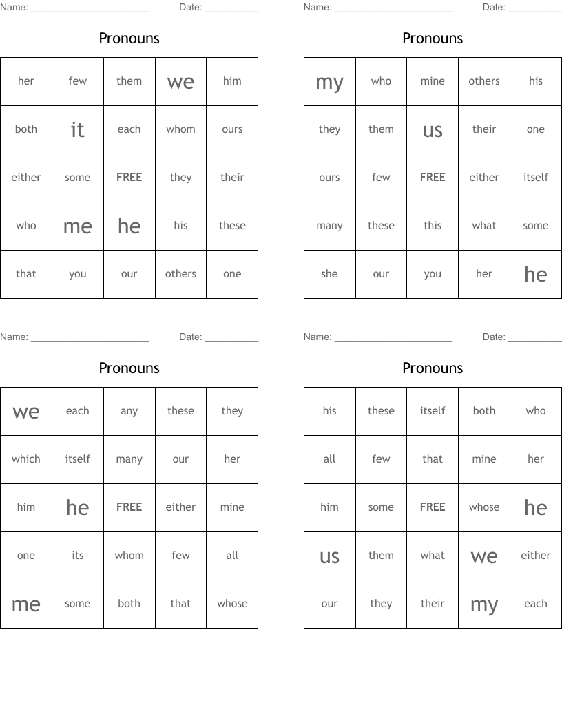 Pronouns Bingo Cards