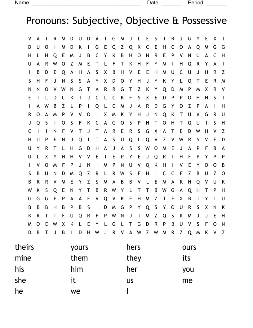 Pronouns: Subjective, Objective & Possessive Word Search