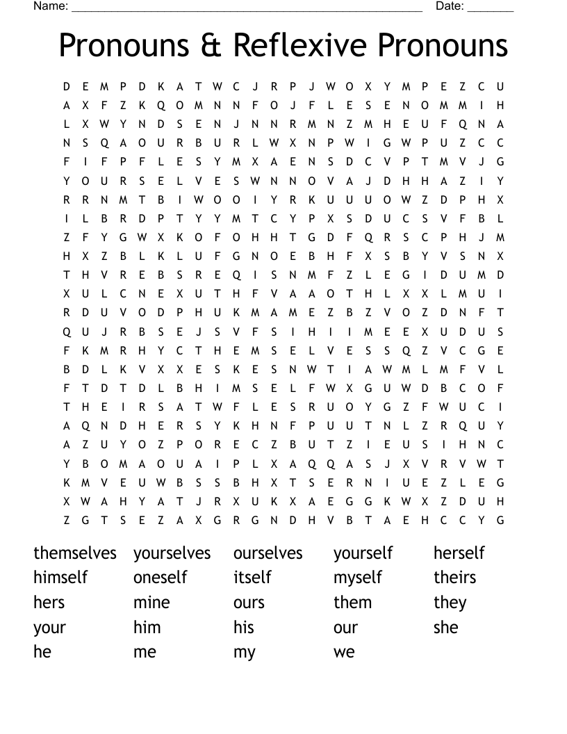 Pronouns & Reflexive Pronouns Word Search