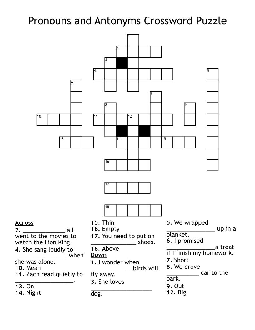 Pronouns and Antonyms Crossword Puzzle 