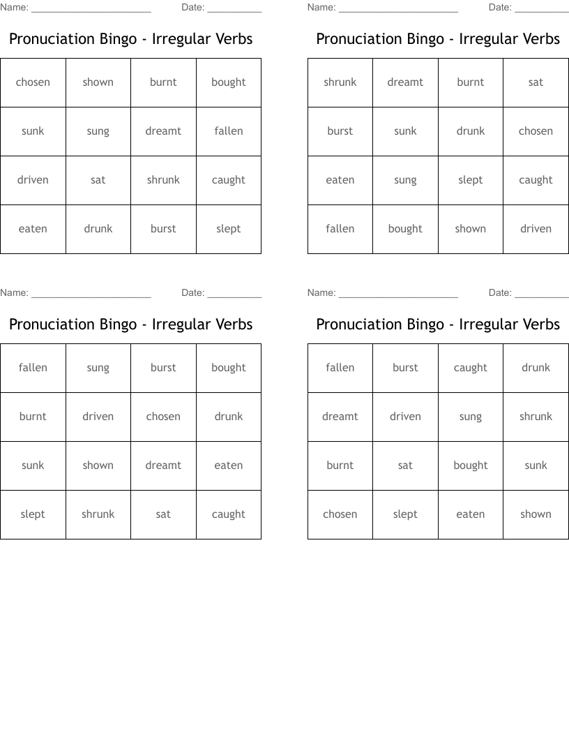 Pronuciation Bingo - Irregular Verbs