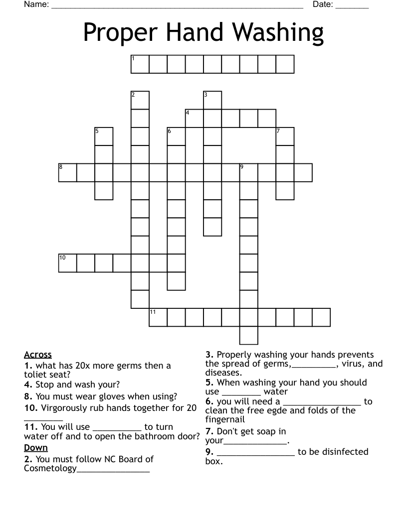 Proper Hand Washing Crossword