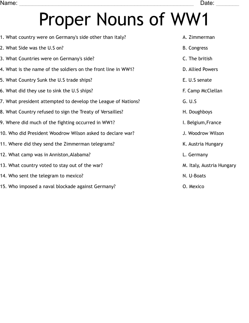 Proper Nouns of WW1 Worksheet