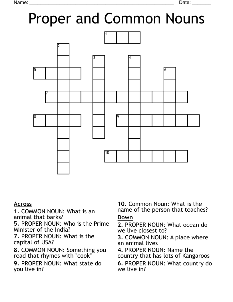 Proper and Common Nouns Crossword