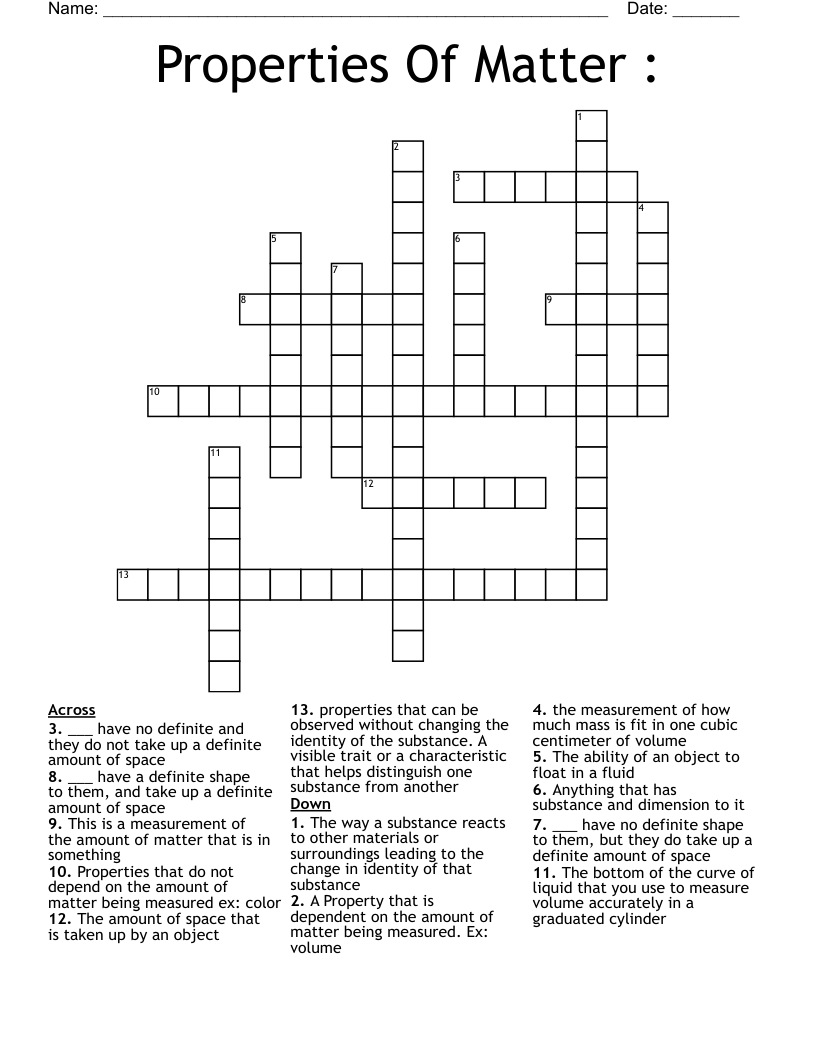 Properties Of Matter : Crossword