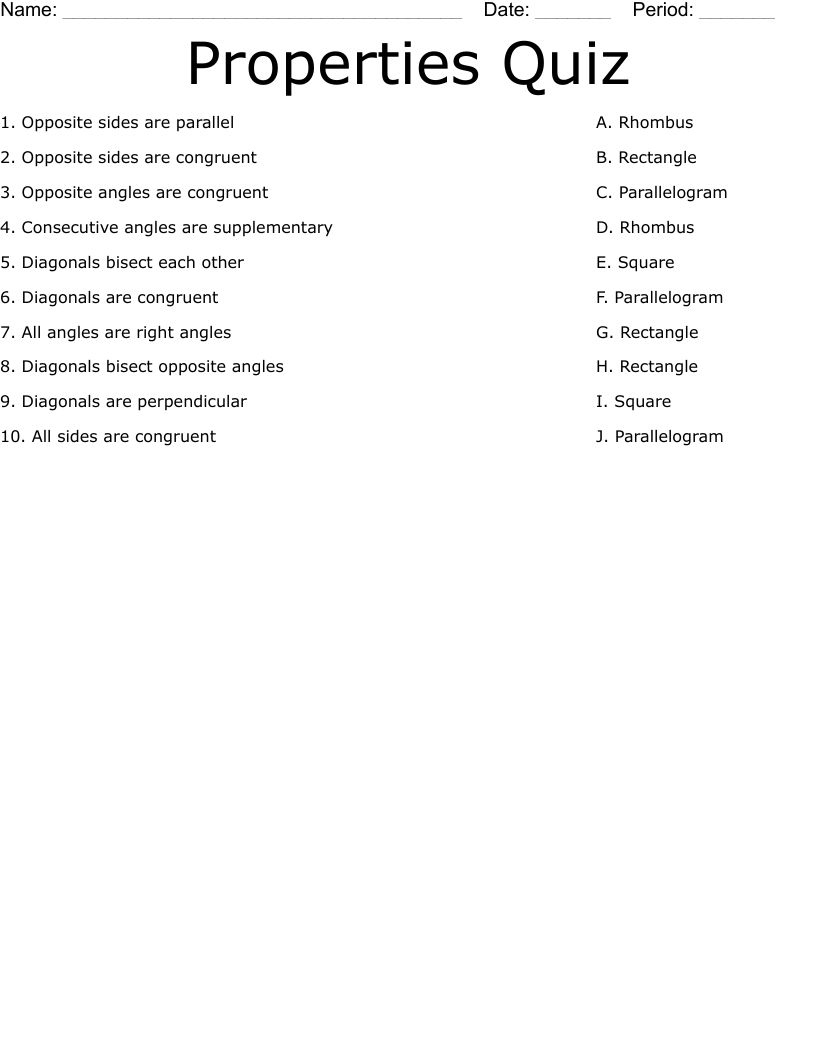 Properties Quiz Worksheet