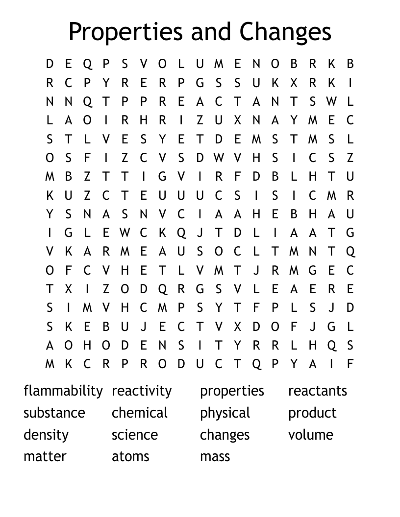 Properties and Changes Word Search