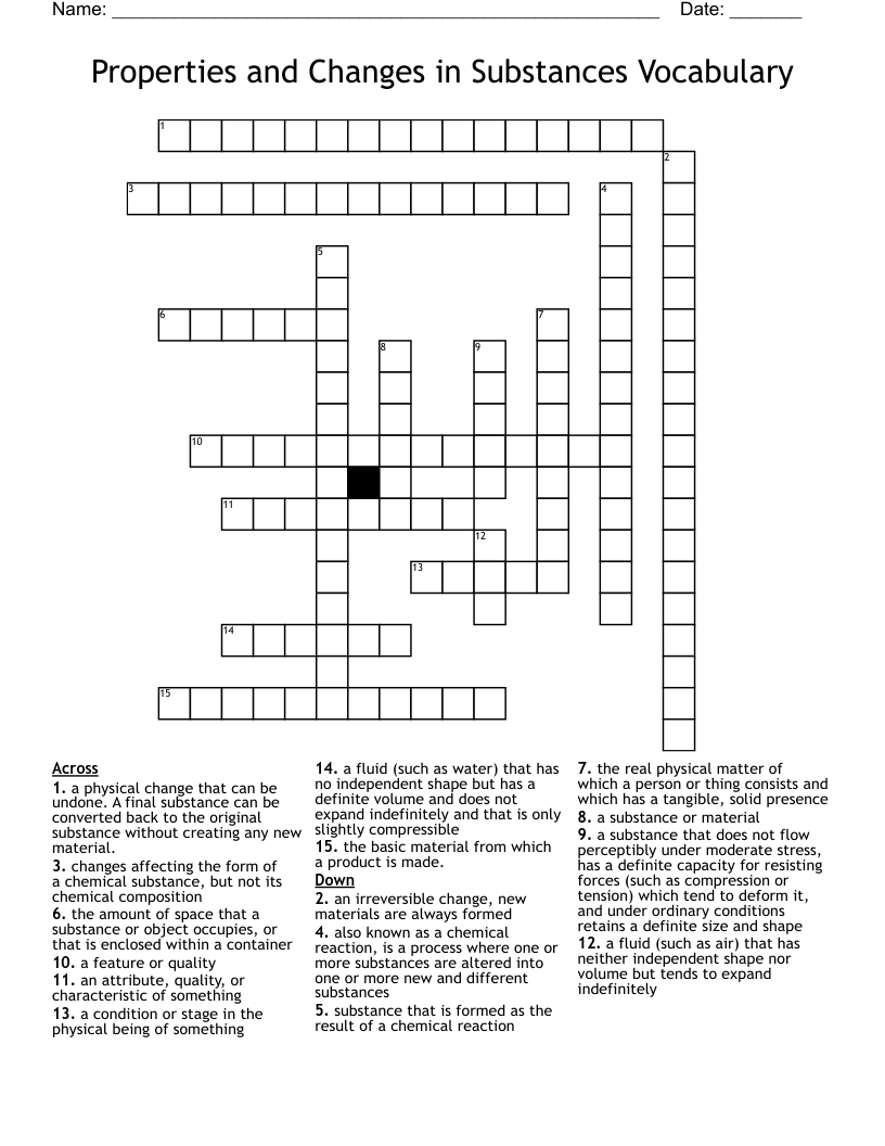 Properties and Changes in Substances Vocabulary Crossword