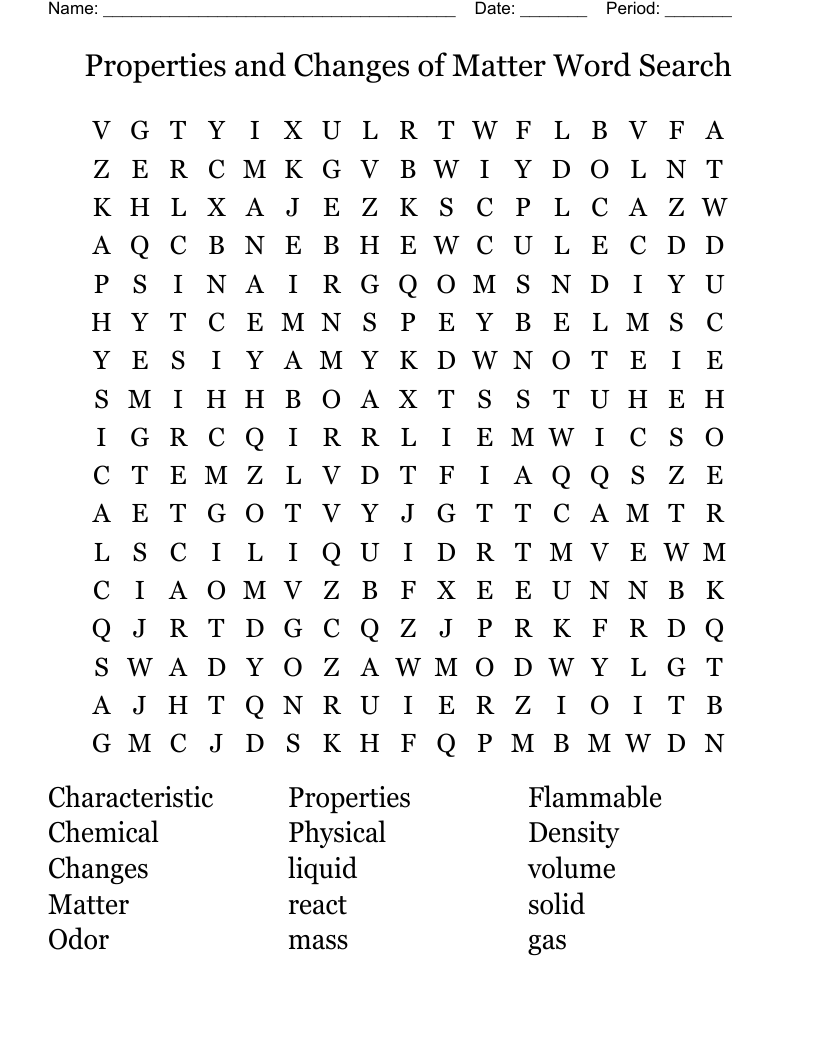 Properties and Changes of Matter Word Search