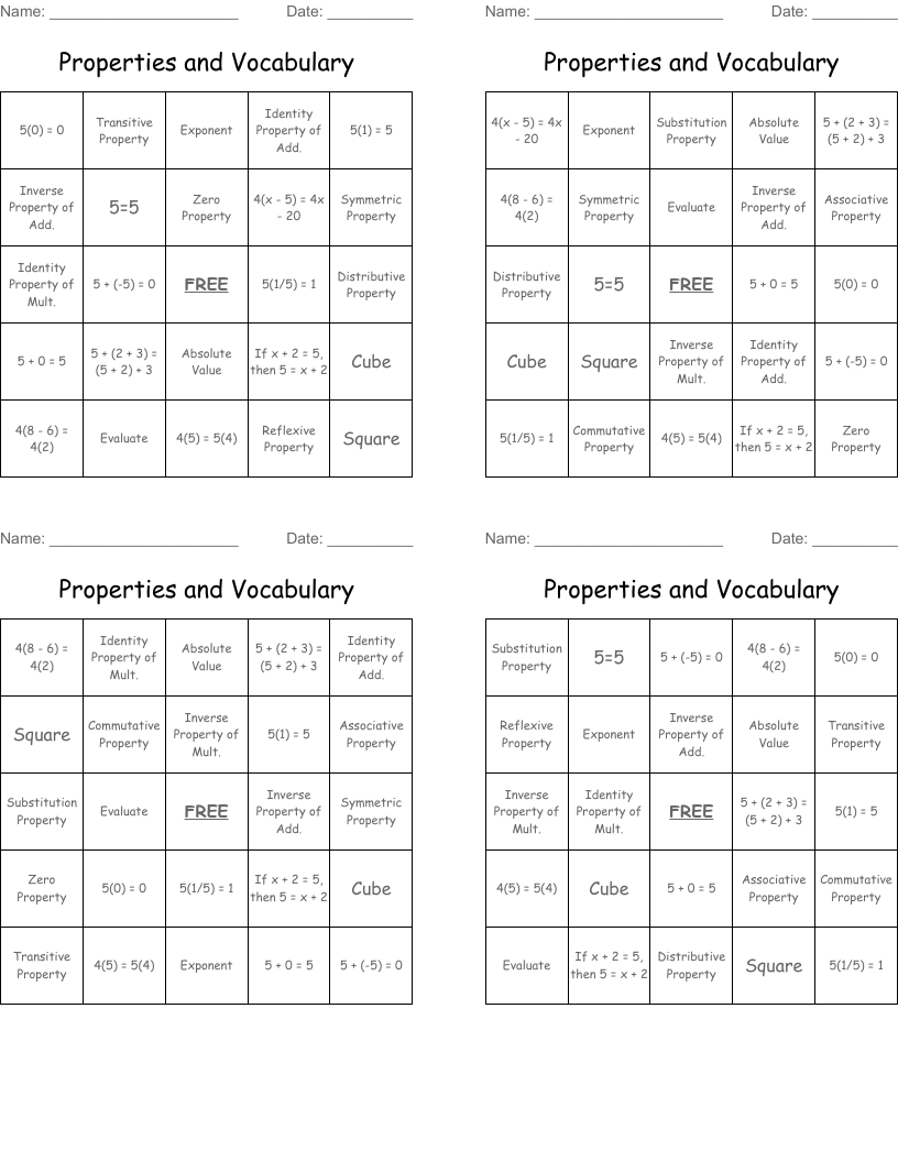 Properties and Vocabulary Bingo Cards