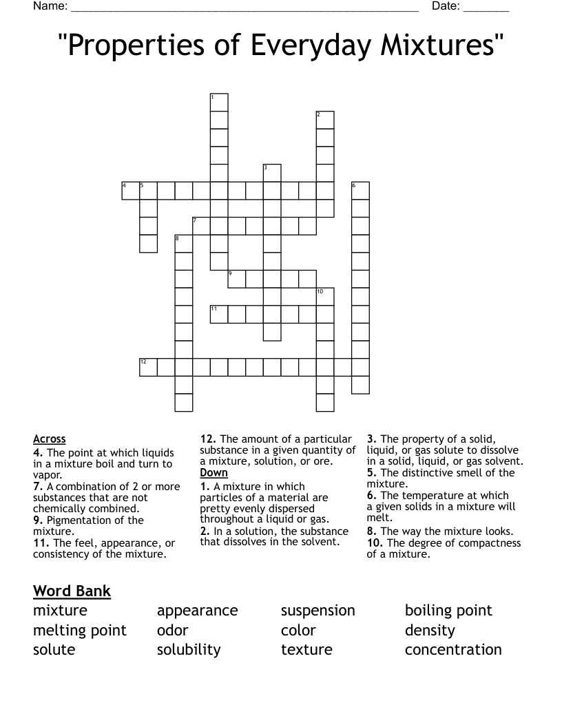 "Properties of Everyday Mixtures" Crossword