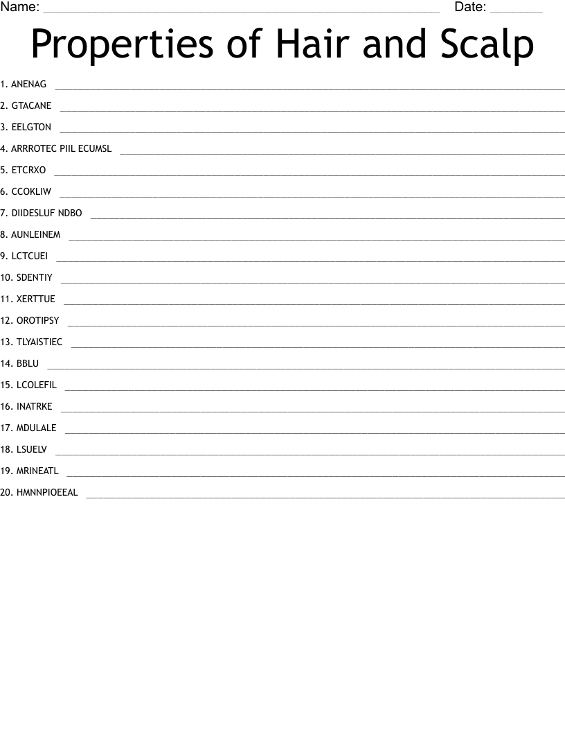 Properties of Hair and Scalp Word Scramble