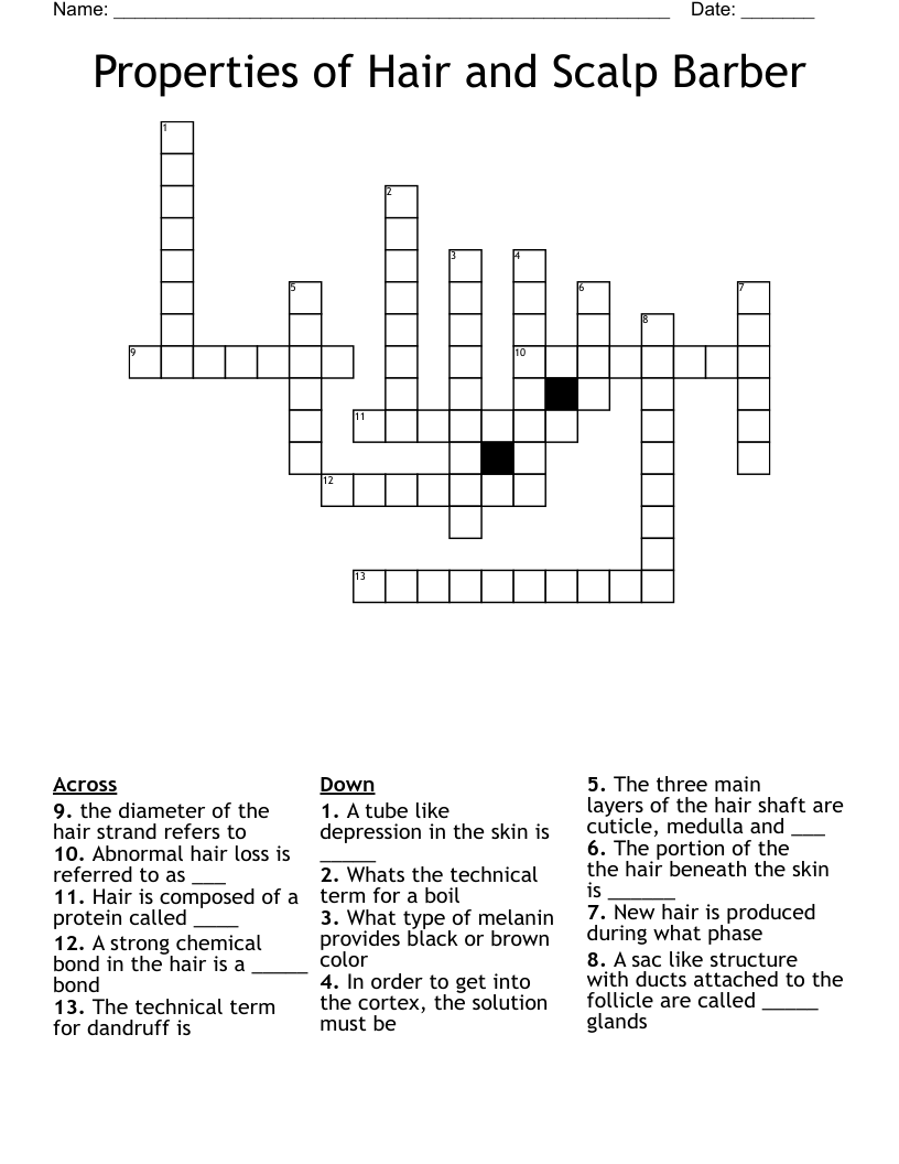 Properties of Hair and Scalp Barber Crossword