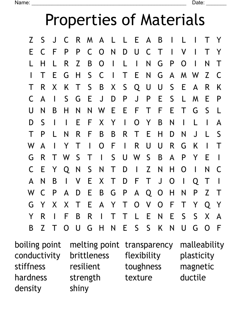 Properties of Materials Word Search