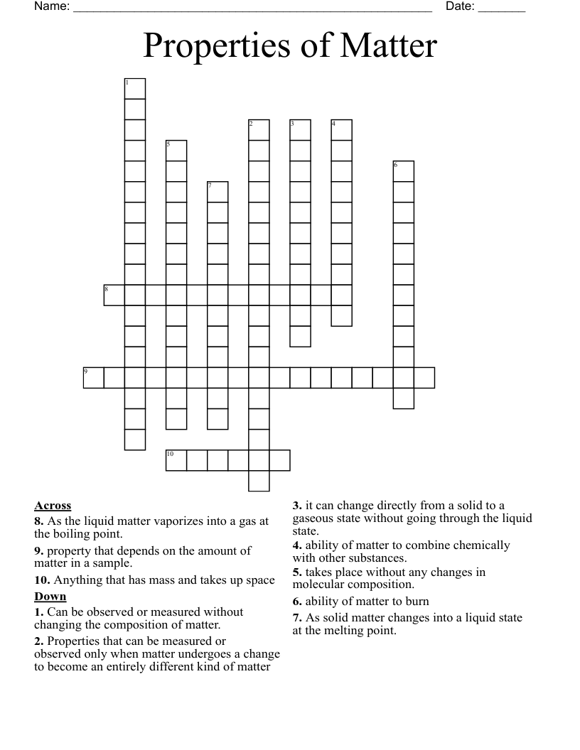 Properties of Matter Crossword