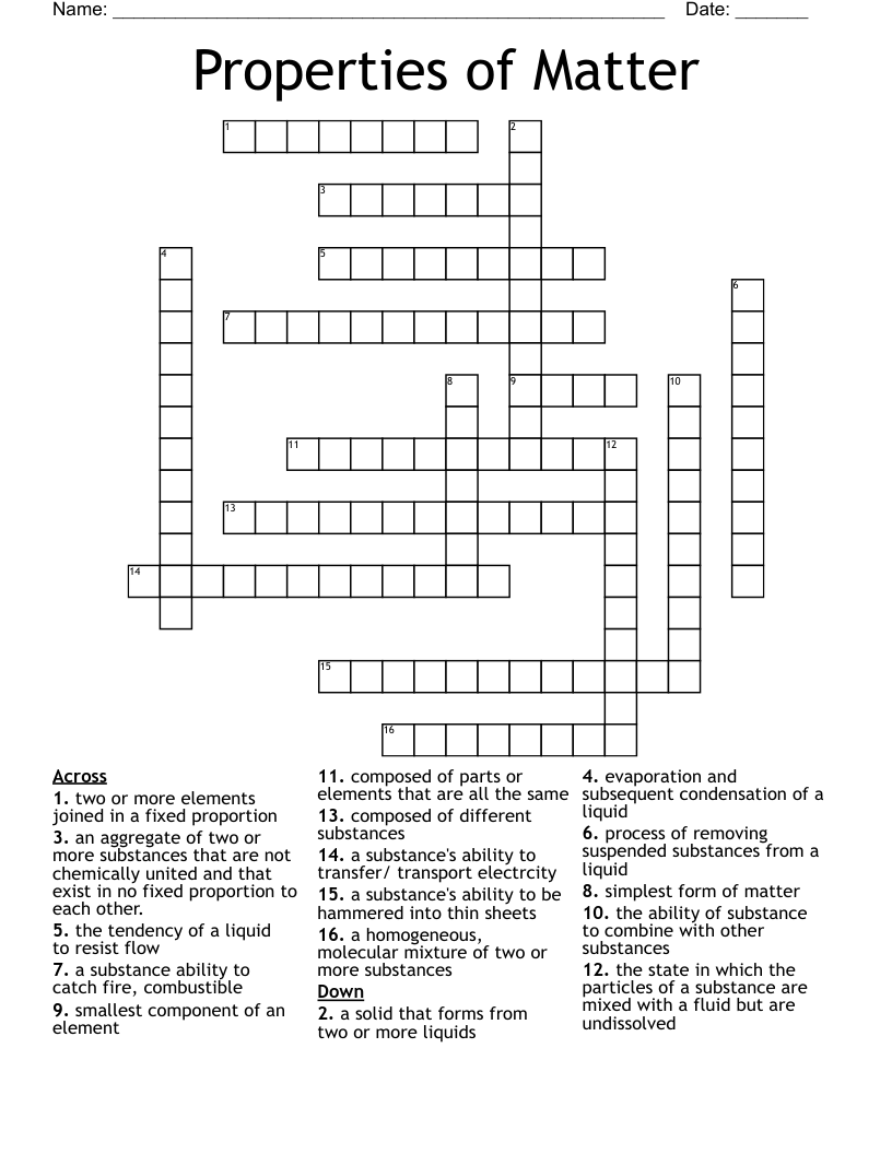 Properties of Matter Crossword