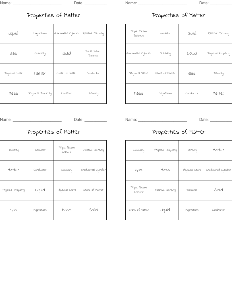 Properties of Matter Bingo Cards