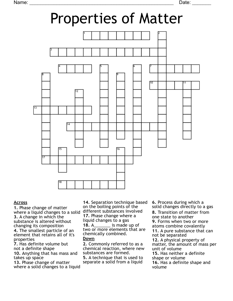 Properties of Matter Crossword