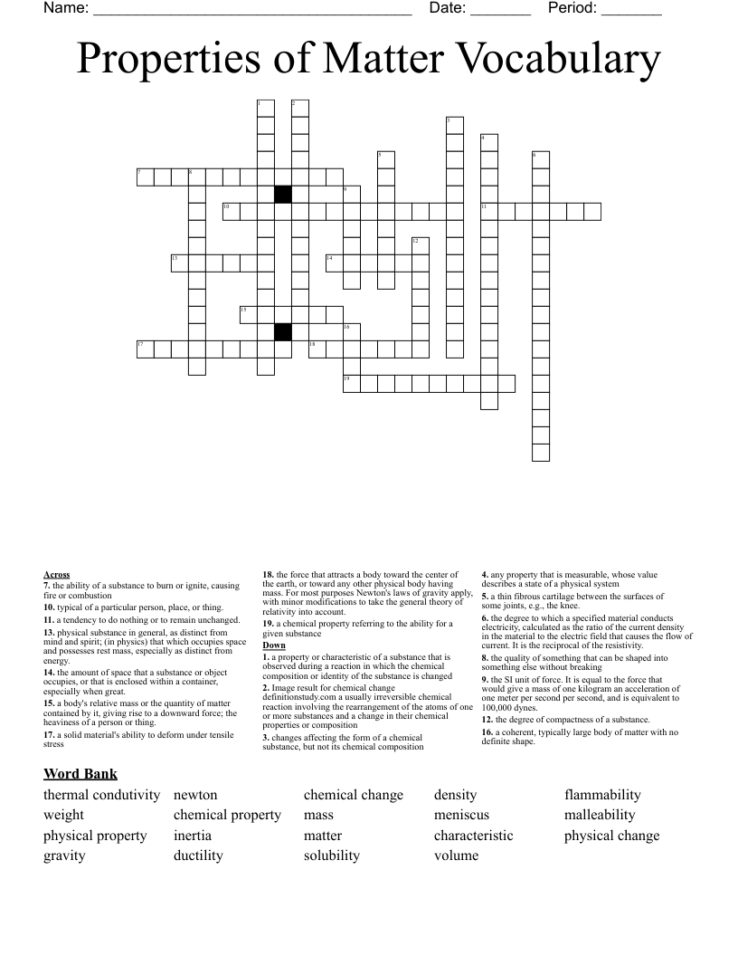 Properties of Matter Vocabulary Crossword