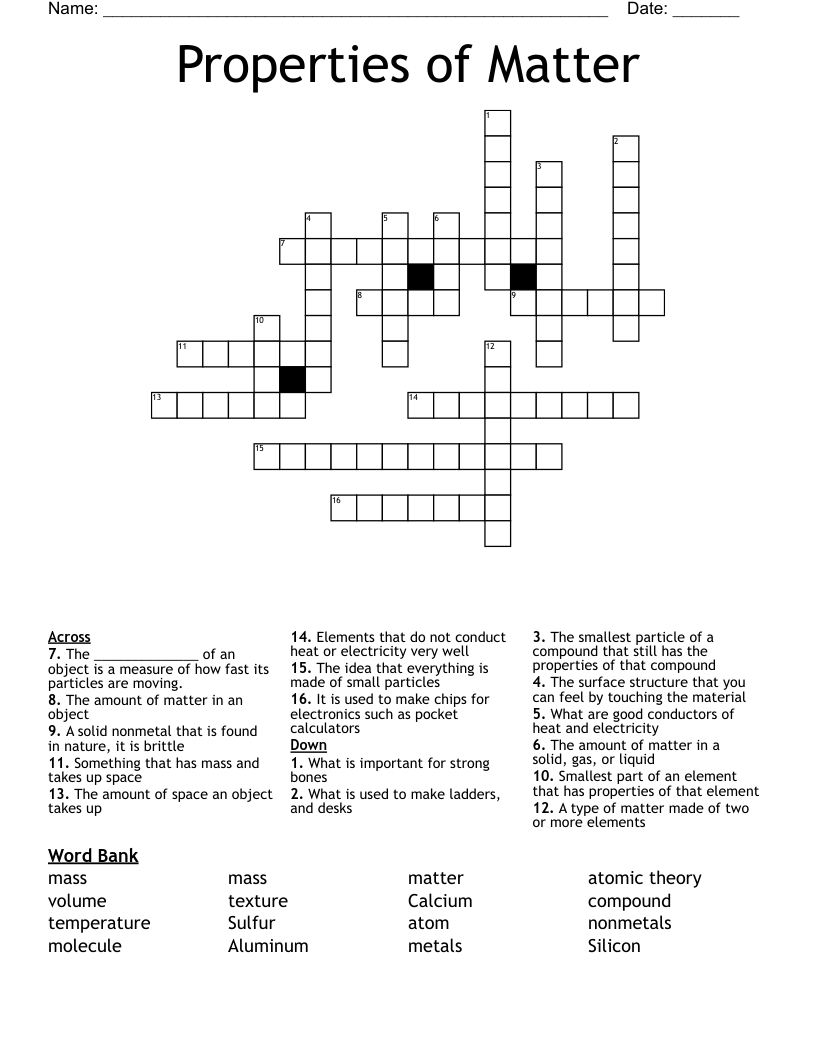 Properties of Matter  Crossword