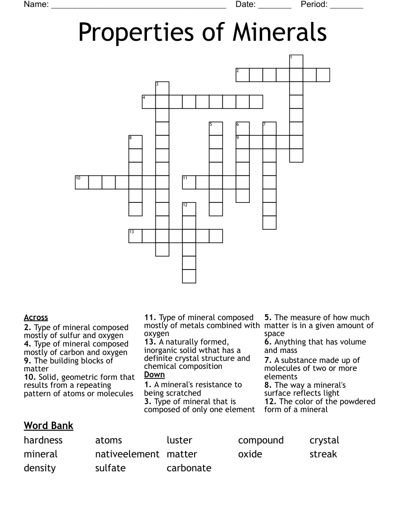 Properties of Minerals Crossword
